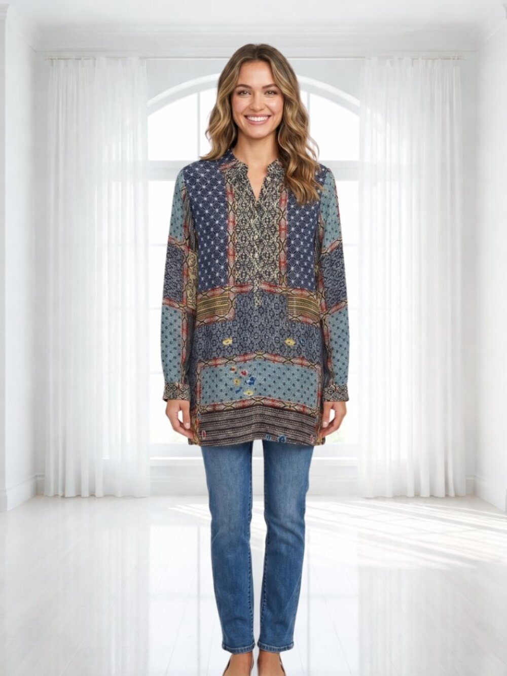 Johnny Was Patchwork Cupra Rayon Tunic Blouse M Boho Silk Feel Roll Tab Sleeve - Picture 1 of 13